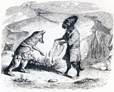 Den syke løven og reven (Le lion malade et le renard) - Fabler av La Fontaine av Grandville