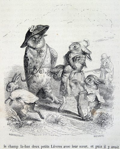 De to små harene, deres søster og uglen - ved Grandville av Grandville