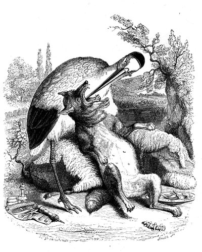 Der Wolf und der Storch: La Fontaine-Fabel illustriert von Grandville. Ausgabe Garnier 1860. Der Storch wird als Arzt dargestellt (schlechte Belohnung für seine Hingabe!). von Grandville (1803-47)