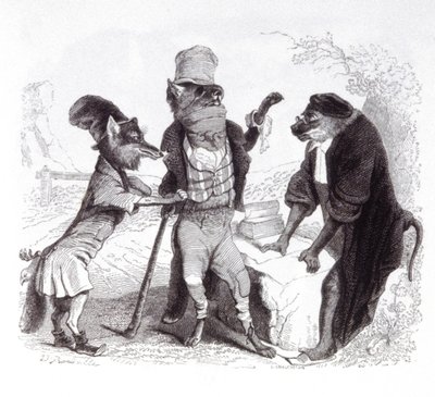 Ulven trygler mot reven foran apen av Grandville (1803 47)