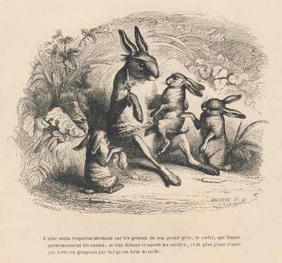 Dere kaninbarn som hører på deres skadde bestefar fortelle historier. Miniatyrbilder illustrert av JJ Granville. Gravering signert Breviere i delen "Story of a hase" skrevet av PJ Stahl i "Scener fra dyrenes private og offentlige liv". Paris av Grandville