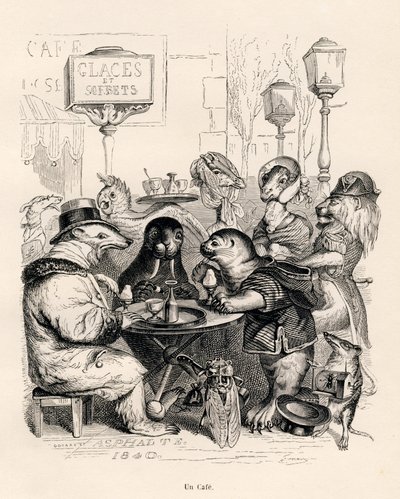 En kafé som besøkes av dyr av alle slag. Miniatyrbilder illustrert av JJ Granville. Gravering signert Godard i delen med tittelen "Journey of an African lion to Paris" skrevet av Honore de Balzac i "Scener fra dyrenes private og offentlige liv". P av Grandville