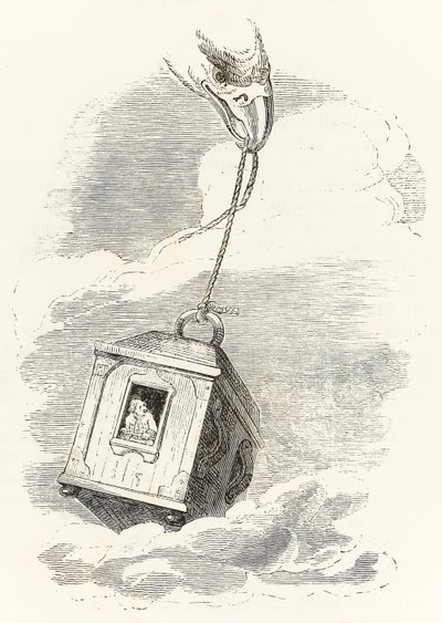 Gulliver unnslipper Brobdingnag når boksen hans blir grepet av en ørn som slipper den i havet, fra Gullivers Travels av Jonathan Swift av Grandville