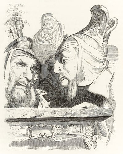 Gulliver blir inspisert av innbyggere i Brobdingnag, fra Gullivers Travels av Jonathan Swift av Grandville