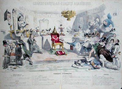 Grande Course au Clocher Academique, karikatur som viser Institut de France, 1839 (se også 218693) (fargegravering) av Grandville 1803-47 after Grandville 1803-47 after