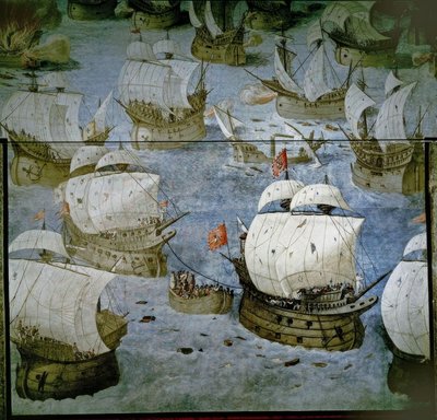 SJØSLAG PÅ AZORENE (1571) - EROBRING AV DEN TREDJE ØYEN - FRISK MALERI 1585 - RESTUURERT av Granello Tavaron Castello y Cambiasso