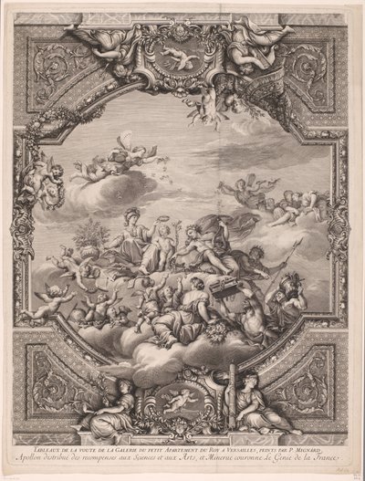 Apollo deler ut belønninger og Minerva kroner Frankrikes geniale Apollon distirbuë des recompenses aux Sciences et aux Arts, et Minerve couronne le Genie de la France (tittel på objekt) Takmalerier i slottet i Versailles (serietittel) av Gérard Audran