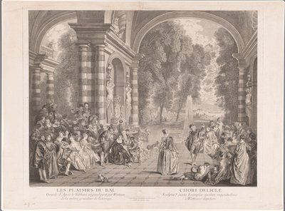 Elegant selskap på en terrasse med utsikt over en park Les Plaisirs du Bal (tittel på objekt) av Gérard Jean Baptiste Scotin (II)