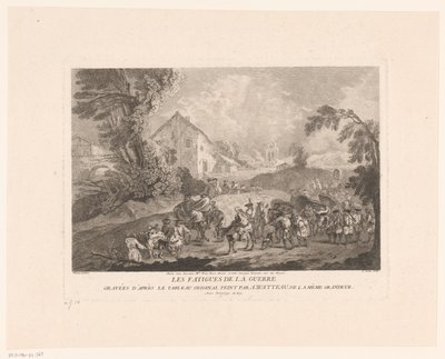Landskap med en gruppe soldater som marsjerer sammen Les Fatigues de la Guerre (tittel på objekt) Trykk etter Antoine Watteau (serietittel) L
