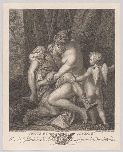 Venus sørger over Adonis, satt under et tre og omfavnet ham, med Amor til høyre, ca. 1786. av Gérard René Le Vilain