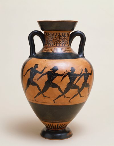 En attisk svart-figur amfora av panathenaisk form med fire nakne idrettsutøvere som spurter til høyre, 5. århundre f.Kr. av Greek