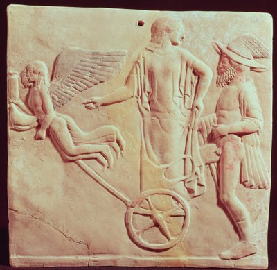 Afrodite og Hermes kjører på en vogn trukket av Eros og Psyche, 470 f.Kr. (terrakotta) av Greek