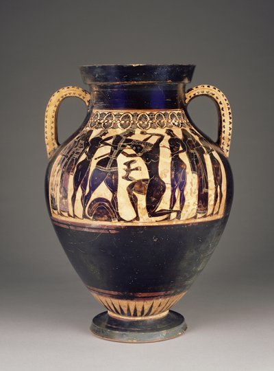 Atensk attisk svartfigur amfora tilskrevet Lydos med Theseus som drepte Minotauren, 550-40 f.Kr. (terrakotta) av Greek