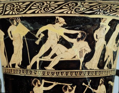 Loftsbegerkrater med rød figur dekorert med scener fra Theseuss eventyr, detaljer om Theseus og den gigantiske Procrustes, av Dinos-maleren, ca. 425 f.Kr. keramikk av Greek