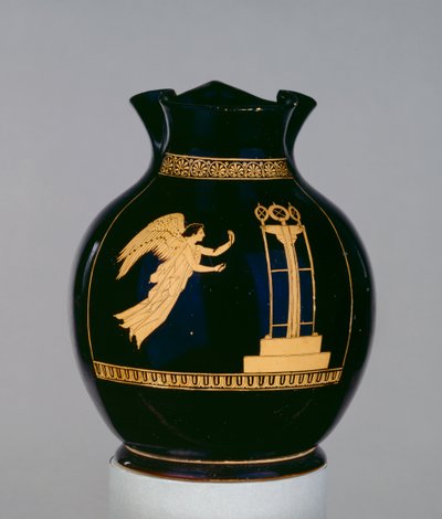 Oinochoe med rød figur på loft dekorert med scenen til en bevinget Nike som flyr med et bånd mot et stativ, nær Calliope Painter, fra Nola, ca. 430 f.Kr. (keramikk) av Greek