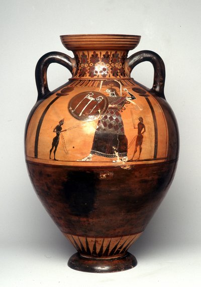 Svart figurvase som viser Athena med et skjold og spyd, 550 f.Kr. (keramikk) av Greek