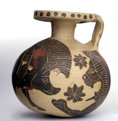 Korintiske sfæriske aryballos med svart figur som viser dyr, mellomkorintisk periode (600-575 f.Kr.) (leire) av Greek