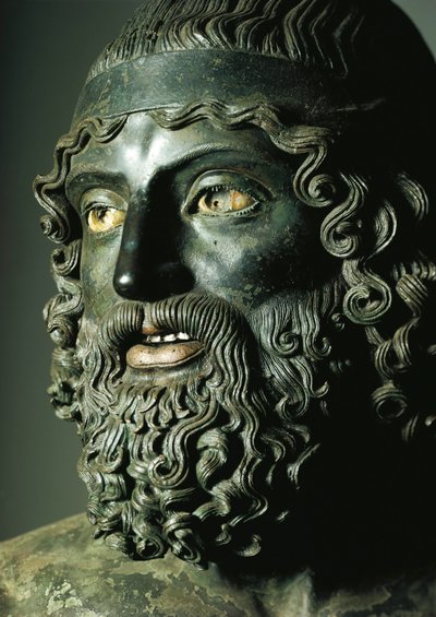 Detalj av hodet til statue A eller den yngre av Riace-bronsene (bronse) f.Kr av Greek