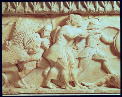 Detalj av nordfrisen til Siphnian Treasury som viser guder som kjemper mot kjemper, ca. 525 f.Kr. marmor av Greek