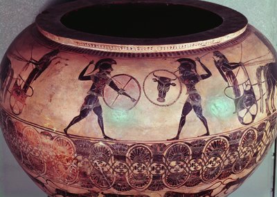 Dinos som skildrer Perseus og Gorgonene, detalj som viser hoplittene som kjemper mellom vognene deres, ca. 580 f.Kr. (keramikk) (se også 173180) av Greek