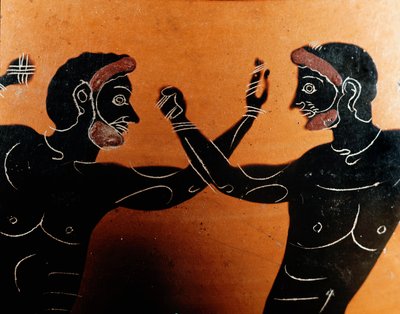 Gresk kunst: Panathenaic Terracotta amphora: detalj som viser et slag ved pugilat. Graven til Vulci Warrior. 6. århundre f.Kr. Roma, Villa Giulia nasjonalmuseum av Greek