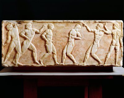 Gresk Civilization, Stele som skildrer idrettsutøvere ved gymsal, Fra Kerameikos nekropolis i Athen, Hellas, 510 f.Kr. av Greek
