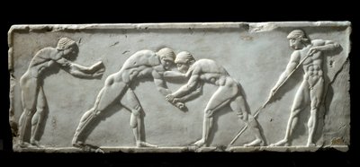Gresk kunst: base av kouros som representerer brytere under en kamp. Marmorrelieffstrømper, 510-500 f.Kr. - Athen, arkeologisk museum - Kampbrytere - Basrelieff i marmor av en kouros-skulptur, 510-500 f.Kr. - Nasjonalt arkeologisk museum, Athen av Greek