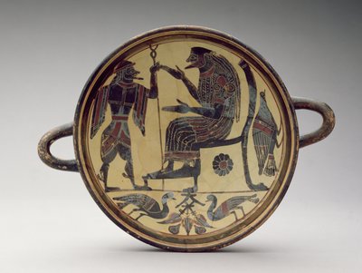 Lakonisk kylix-beger som viser Zevs og Hermes, ca. 550-530 f.Kr. (leire) (se også 288296 og 288298) av Greek