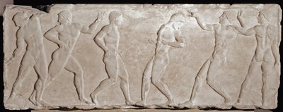 Marmorrelieffstrømper av en begravelseskouros som representerer seks idrettsutøvere. 510 -500 f.Kr. Fra akropolis Athen. Nasjonalmuseet for arkeologi, Athen av Greek