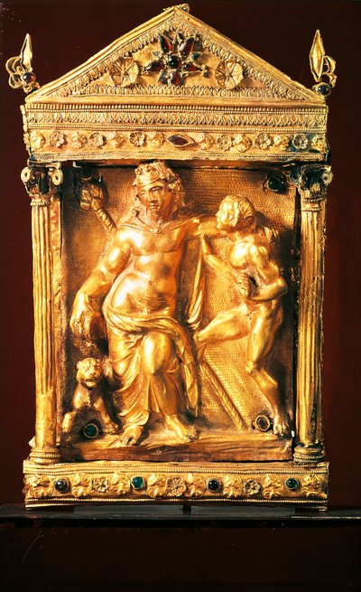 Naiskos med Dionysos beruset og satyr, lite tempel i hellenistisk stil med granater og smaragder fra Thessaly, 2. århundre f.Kr. (gull) av Greek