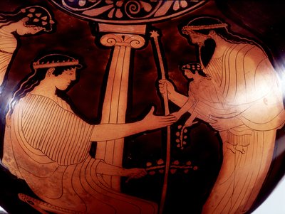 Maleri på vase: Jupiter (Zeus) presenterer den unge Dionysos (Bacco) for to kvinner. 480 f.Kr. BNF, Medaljekontoret. av Greek