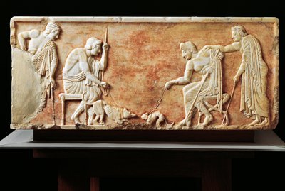 Stele som viser kamp mellom hund og katt, 510 f.Kr. (relieff) av Greek