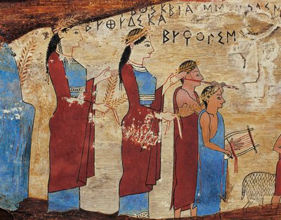 Votivpanel fra Pitsa-hulen nær Sikyon, detalj, prosesjon med tilbudsbærere, lyre- og fløytespillere, gresk inskripsjon av Greek