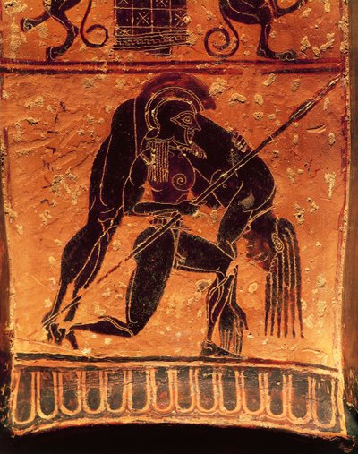 Keramikk med svarte figurer, Francois-vase, loftsvoluttkrater signert av keramikeren Ergotimos og maleren Kleitias, detalj, Ajax Telamon som bærer Achilles' døde kropp, 570-560 f.Kr. av Greek School
