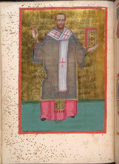 Egerton 2392, f.5v, Miniatyr av en stående John Chrysostom som holder en bok, fra 
