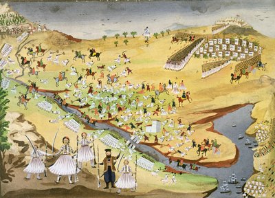 Første slag mellom grekere og tyrkere, ved Alamana-broen i 1821, fra billedhistorien til den greske uavhengighetskrigen av Greek School