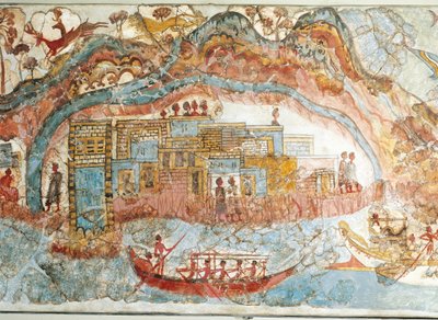 Fresco som viser en skipsprosesjon fra Akrotiri, Thera Island, Santorini, Hellas, detalj, en kystby av Greek School