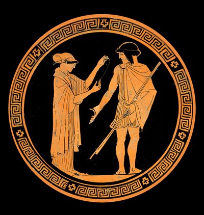 Galant samtale, dekorasjon av en keramikk med røde figurer. 5. århundre f.Kr. (keramikk) av Greek School