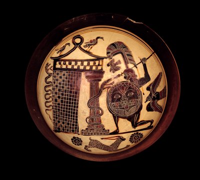 Gresk kunst: Lakonisk kopp med svarte figurer som representerer Cadmos som kjemper mot dragen fra Theben eller Apollo og slangen Python. Maleri av maleren av ryttere (6. århundre f.Kr.) 550-540 f.Kr. av Greek School
