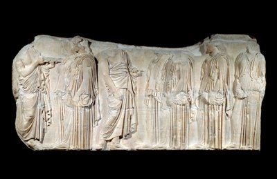 Gresk kunst: fragment av Parthenon-frisen: prosesjon av festen til De store Panathenees: autorisatorer og ergastiner. Klassisk periode. Paris, Louvre-museet av Greek School