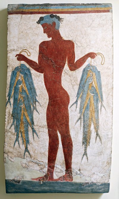 Gresk sivilisasjon, freskomaleri som viser fisker, fra Akrotiri, Thera, Santorini, Hellas av Greek School