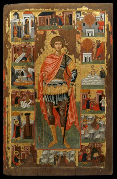 Ikon av St. George med scener fra hans liv (eggtempera på panel) av Greek School