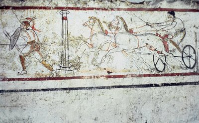 Lucanian freskegravmaleri som viser en gladiator og en mann på en vogn, Paestum 350-330 f.Kr. av Greek School