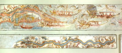 Sjøekspedisjoner og elvelandskap, Akrotiri fresco, Thera (i dag Santorini), Hellas, minoisk sivilisasjon av Greek School