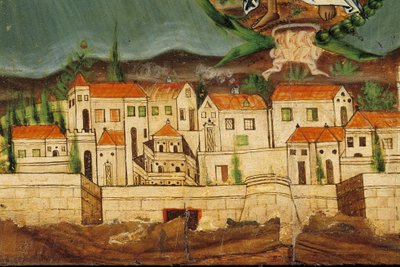 Pelmet som viser gjenfødelsen av Hellas, detalj av Konstantinopel, fra Syros, Kykladene (eggtempera på tre) av Greek School