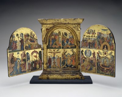 Oppdra av Lasarus; Innreise til Jerusalem; Korsfestelse; Descent of Christ into Hell (sentralpanel), andre halvdel av 1500-tallet (tempera med bladgull på tre) av Greek School