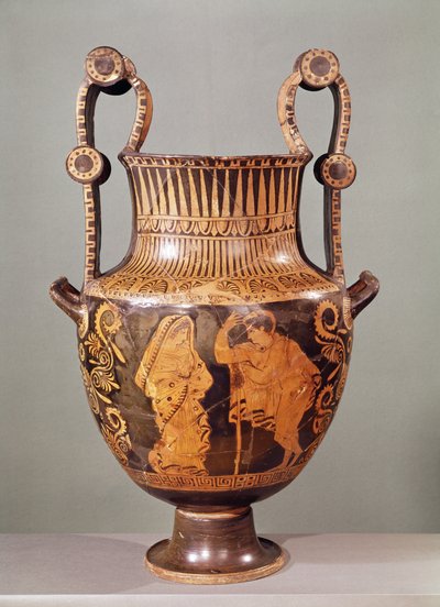 Rødfigurkrater som viser en samtale mellom en efebe og en kvinne iført en himation, fra Boeotia (keramikk) av Greek School