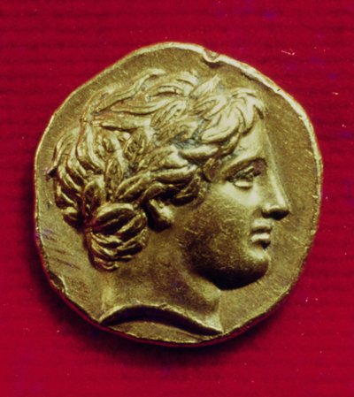 Stater av Filip II (382-336 f.Kr.) Konge av Makedonia, med et bilde av Apollo, 356-336 f.Kr. (gull) av Greek School