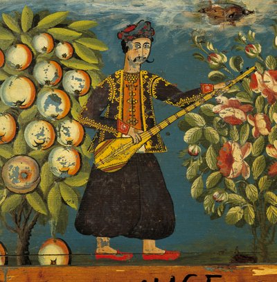 Detalj av en musiker fra en kiste, fra Mytilini, Lesbos, 1700-1800-tallet (eggtempera på tre) av Greek School