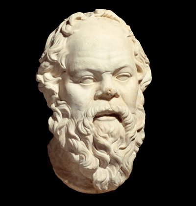 Marmorbyste av den greske filosofen Sokrates (470-399 f.Kr.) etter originalen av Lysippe (rundt 330 f.Kr.) som dekorerte Pompeion av Athen. Søn 0,33 m. Paris, Louvre-museet av Greek or Roman